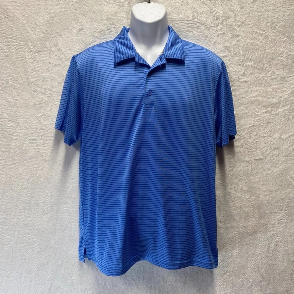 Adidas Golf Polo Shirt Men's‎ Large Blue Striped Logo Performance Short Sleeve
